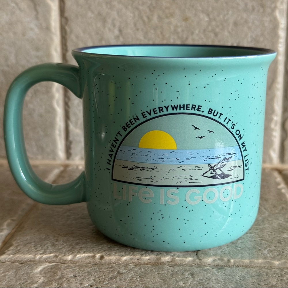 Life Is Good Beach List aqua mug NWOT